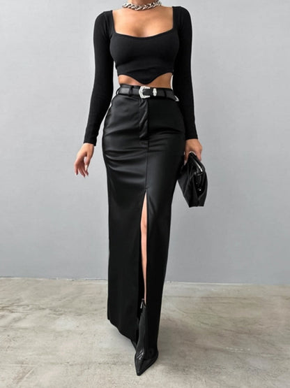 PU Leather High-waisted Slim Fit Hip Body Slit Longline Skirts