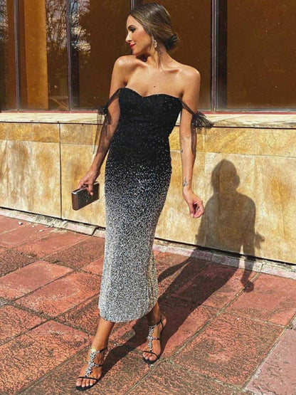 V-neck Sequins Evening Gown Raglan Sleeve Gradient Maxi Dresses