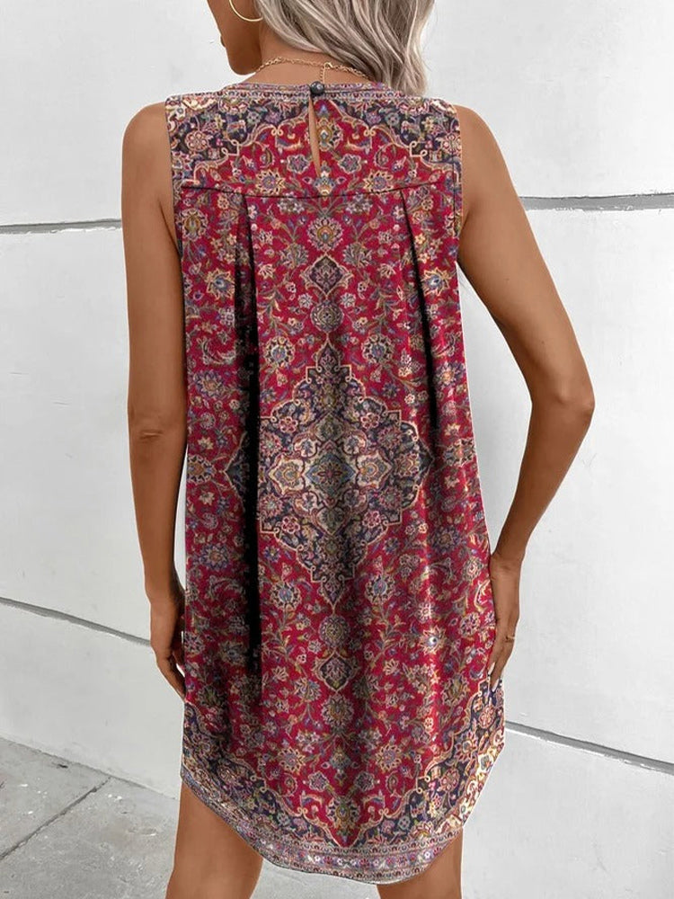 Jewel Neck Pleated Bodice Tapestry Print Sleeveless Shift Mini Dress