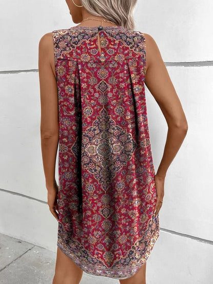 Jewel Neck Pleated Bodice Tapestry Print Sleeveless Shift Mini Dress
