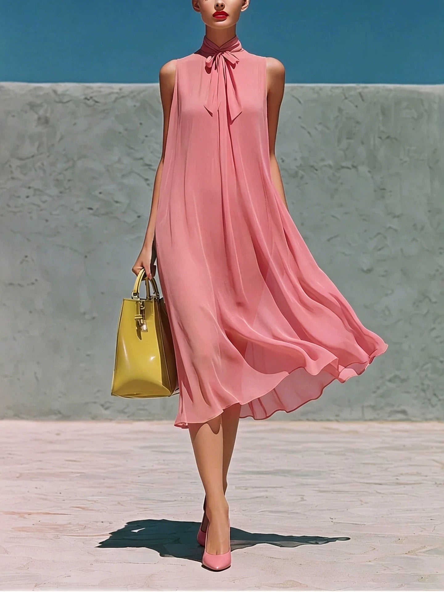 Sleeveless Chiffon Stand-up Collar Tie-up Long Dress