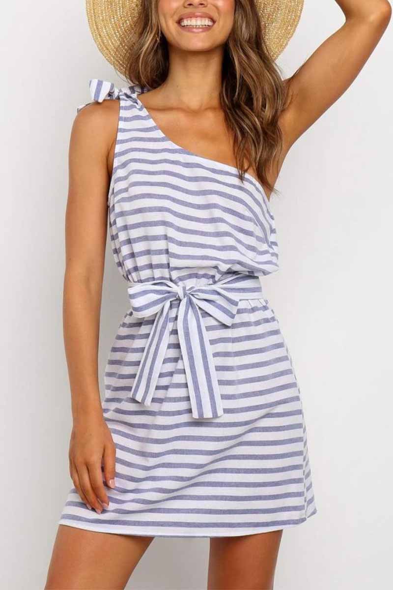 Horizontal Stripe One-Shoulder Bow Strap Tie Waist Mini Dress