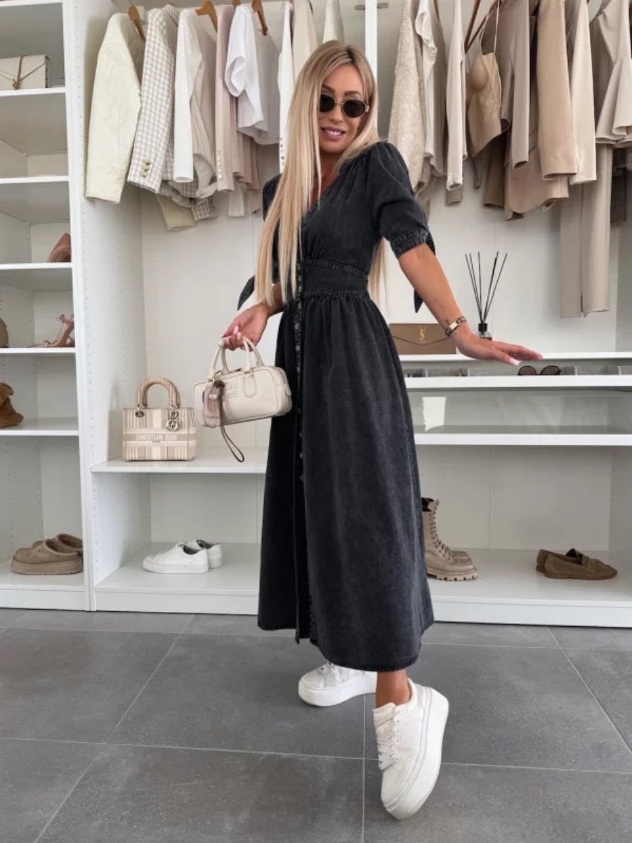 V-neck Short-sleeved Loose-fitting Denim Button-down Long Dress