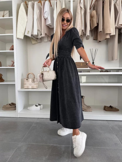 V-neck Short-sleeved Loose-fitting Denim Button-down Long Dress