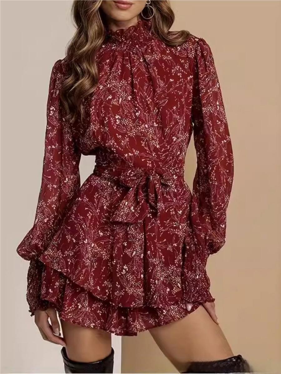 Turtleneck Wood Ear Belts Floral Mini&Short Dresses