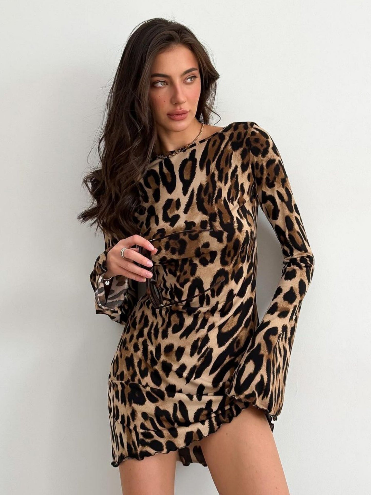 Leopard Print Backless Strappy High-waisted Round Neck Long-sleeved Short Dress