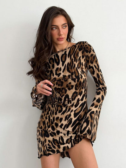 Leopard Print Backless Strappy High-waisted Round Neck Long-sleeved Short Dress