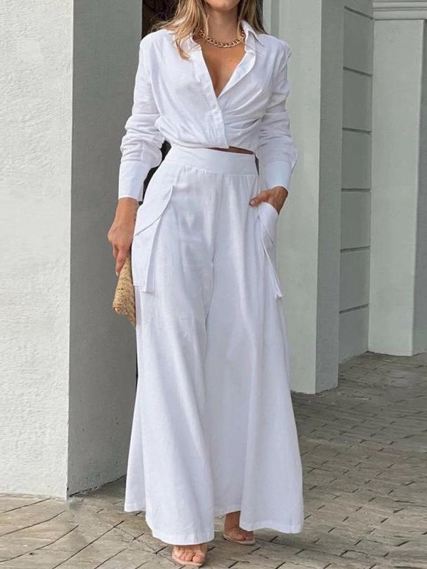 Solid Color Loose-fitting Wide-leg Pants Two-piece Set