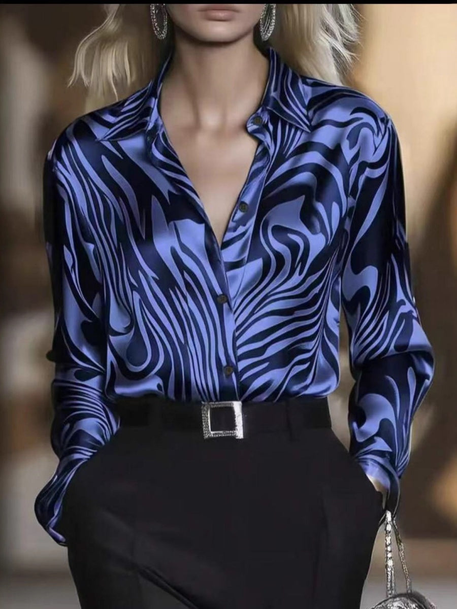 Zebra Print Single-breasted Slim-fit Satin Casual Shirts