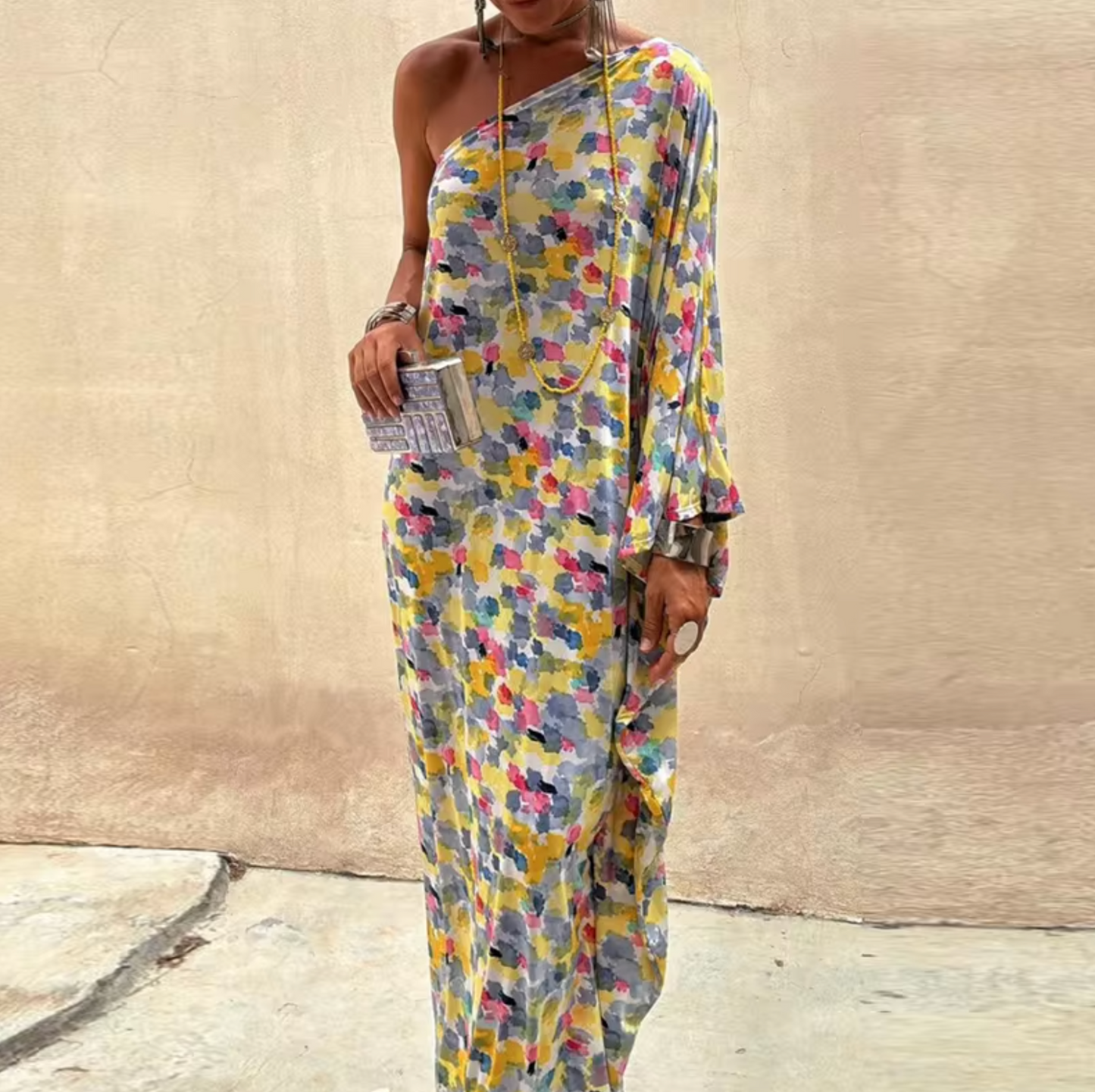 Abstract Painterly Print One-Shoulder Batwing Sleeve Oversized Maxi Dress