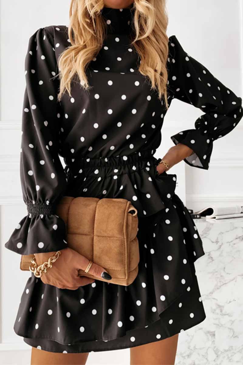 Polka Dot Print Mock Neck Long Sleeve Smocked Waist Tiered Ruffle Mini Dress