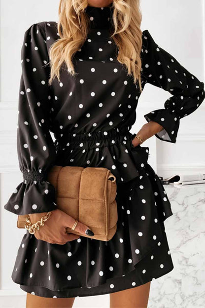 Polka Dot Print Mock Neck Long Sleeve Smocked Waist Tiered Ruffle Mini Dress