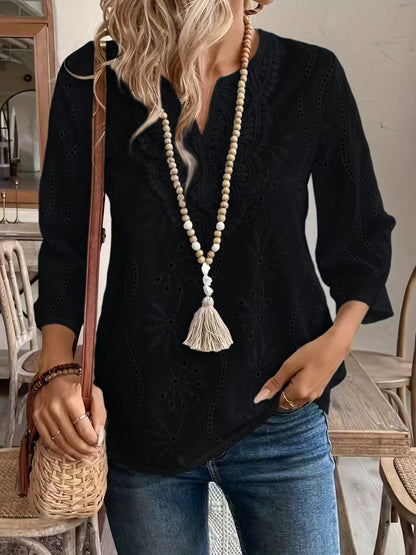Lace Cutout Chiffon Embroidery V-neck  Flare Sleeve Long-sleeved T-shirt