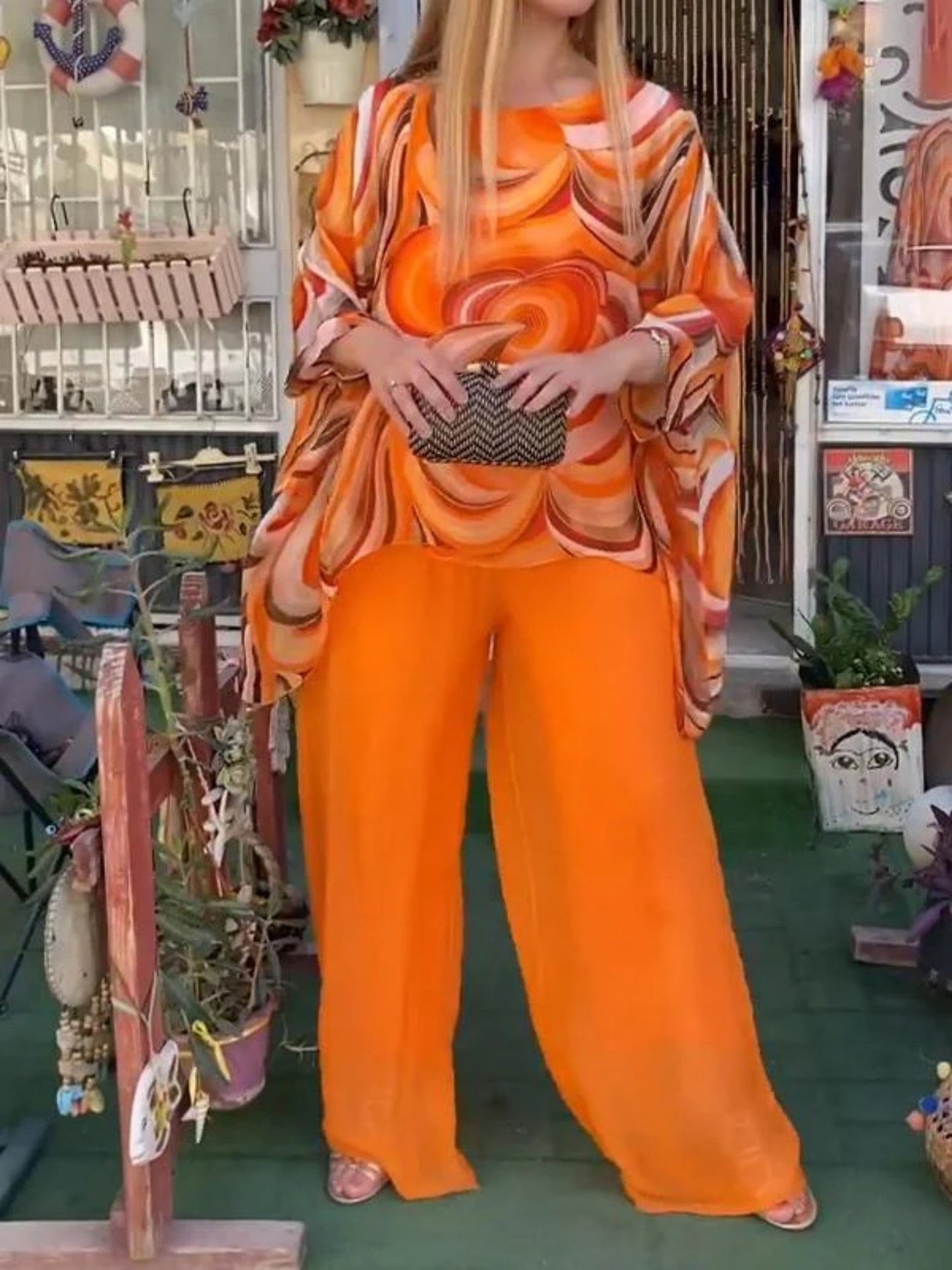 Printed Chiffon Crew Neck Short Sleeve Pants 2-piece Sets