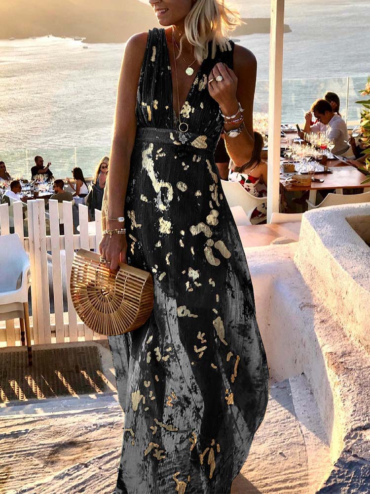 Deep V-Neck Sleeveless Empire Waist Metallic Foil Pleated Maxi Dress