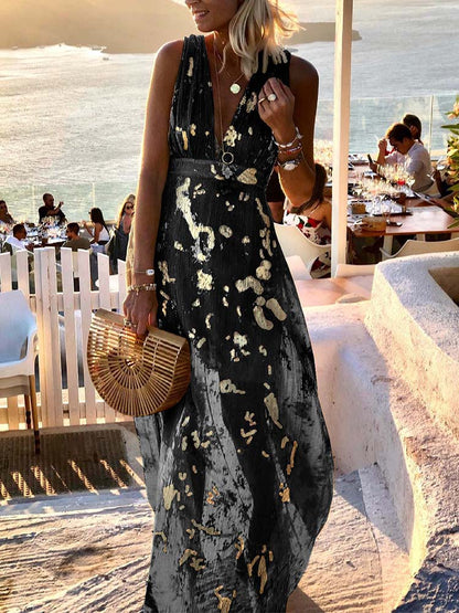 Deep V-Neck Sleeveless Empire Waist Metallic Foil Pleated Maxi Dress