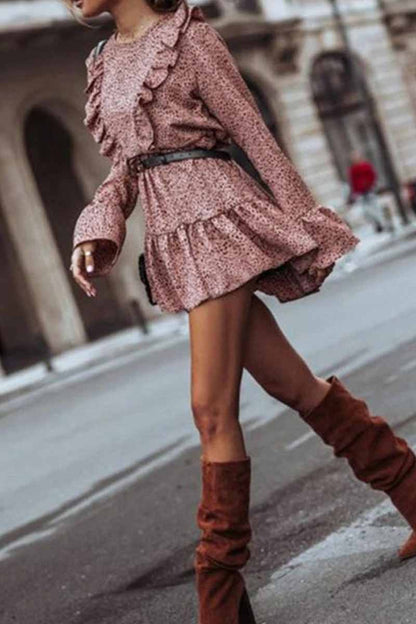 Spotted Print Ruffle Front Bell Sleeve Belted Tiered Mini Dress