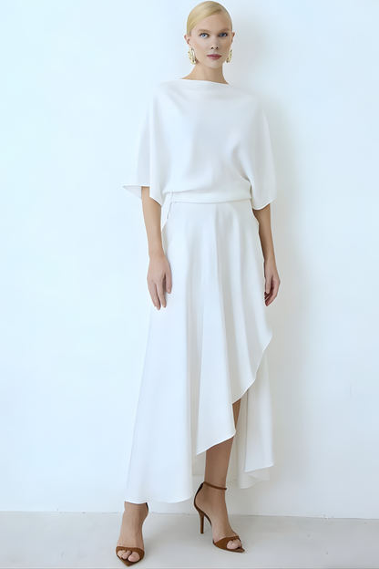 Asymmetric Cape-Shoulder Wrap Midi Dress