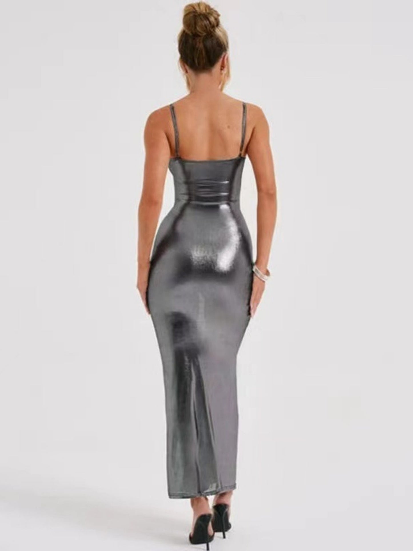 Metallic Gloss Spaghetti Strap Bodycon Maxi Dresses
