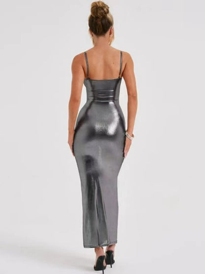 Metallic Gloss Spaghetti Strap Bodycon Maxi Dresses