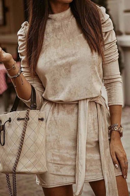Velvet Puff Shoulder Tie-Waist Long Sleeve Mini Dress