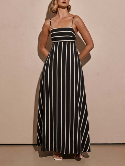 Striped Color Blocking Spaghetti Strap Backless Large Skirt Pockets Maxi Dresses