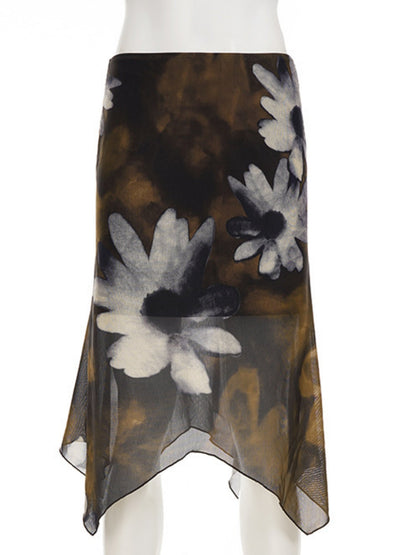 Floral Print Mesh Splicing Irregular Hem Short Skirt