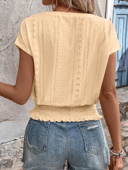 Jacquard Hollow Out Slab V-neck Short Sleeve T-shirts