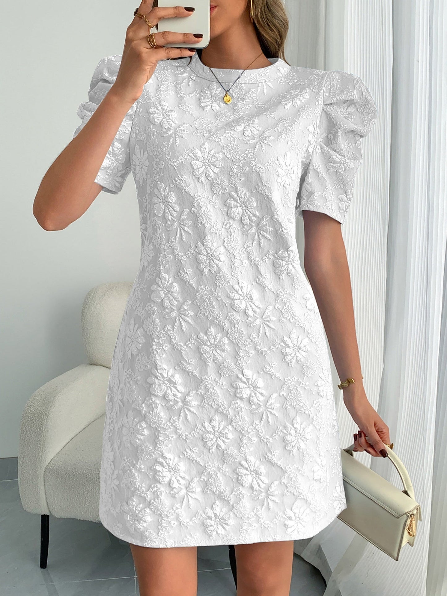 Flower Jacquard Round Neck Puff Sleeves Mini&Short Dresses