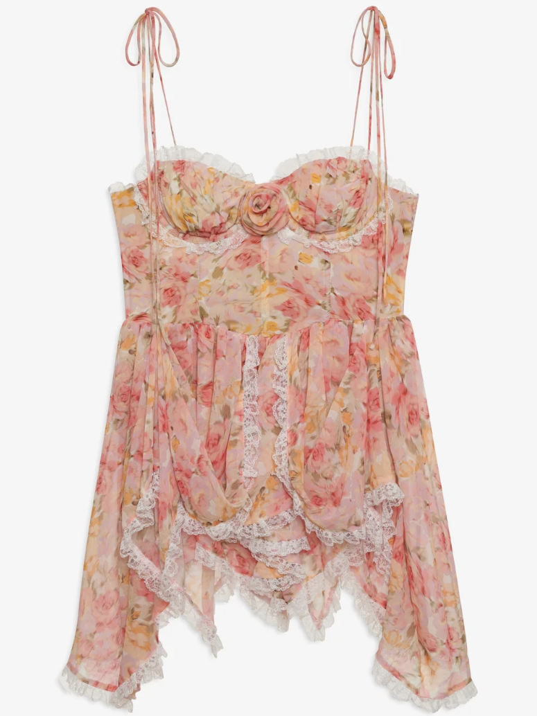 Spaghetti Strap Corset Rosette Lace Trim Handkerchief Hem Floral Mini Dress