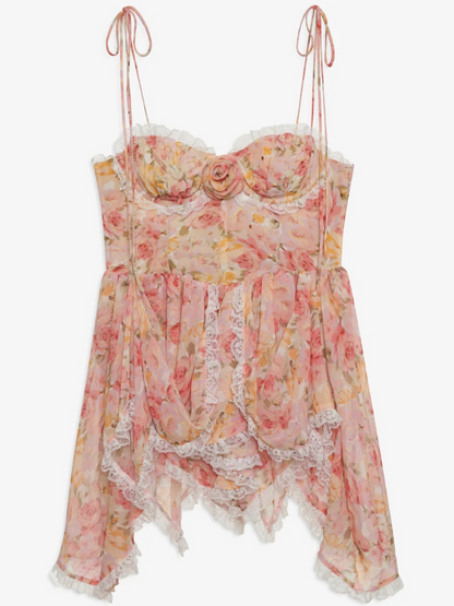 Spaghetti Strap Corset Rosette Lace Trim Handkerchief Hem Floral Mini Dress