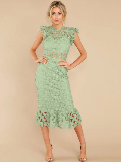Lace Trim Hollow Out Hip Wrap Maxi Dresses