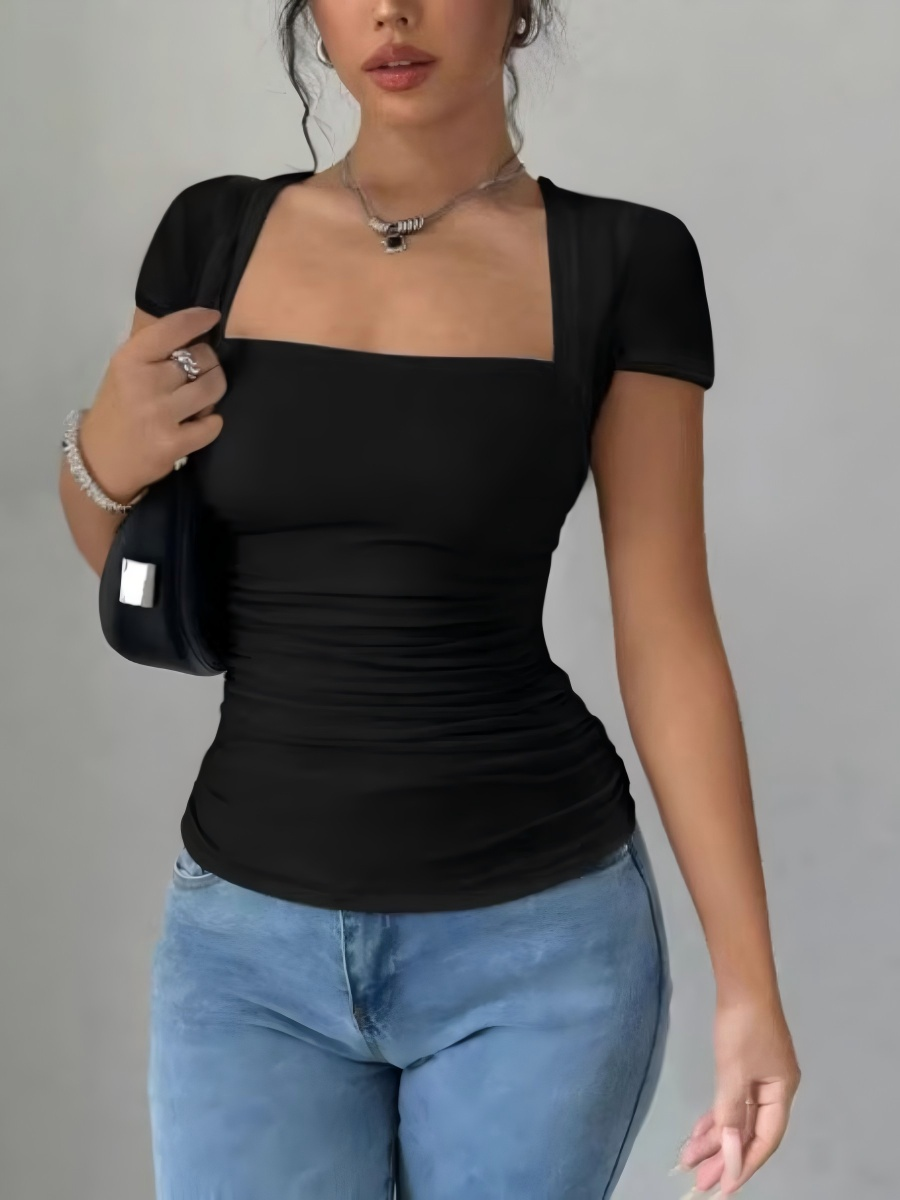 Slim Fit Solid Color T-Shirt With Gathering