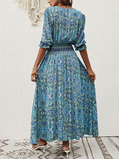 V Neck Button Front Smocked Waist Paisley Print High Slit Maxi Dress