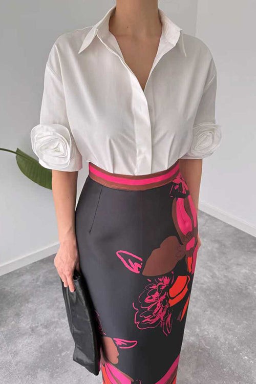 Collared Short Sleeves Button Down Flower Detail Shirt