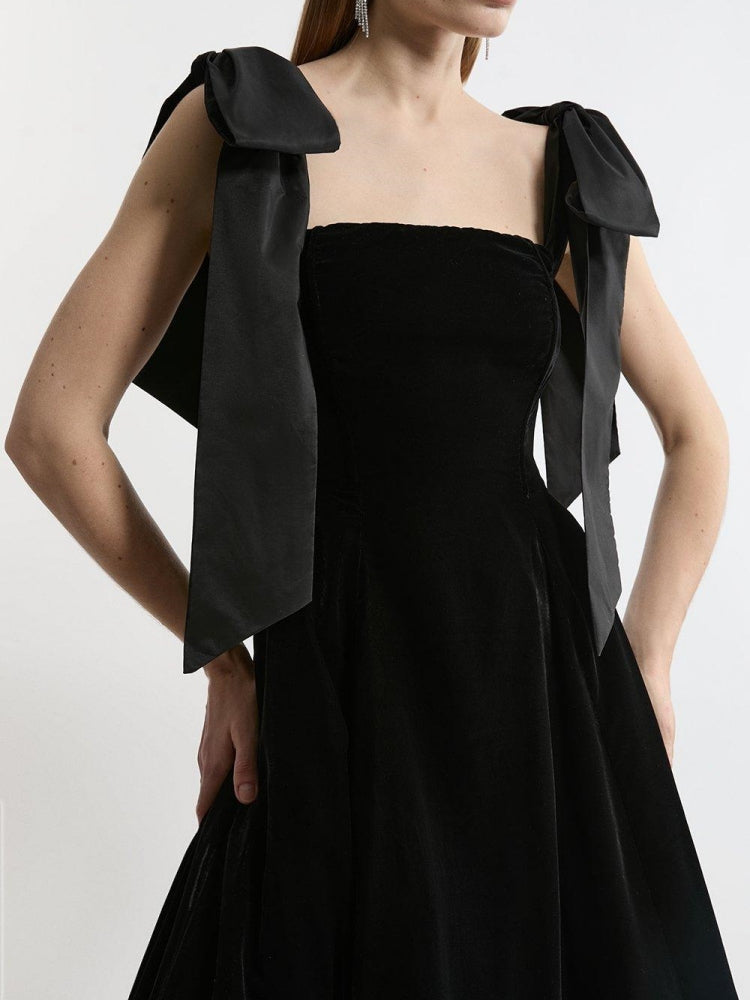 Square Neck Tie Shoulder Bow Detail Velvet Ballgown Maxi Dress