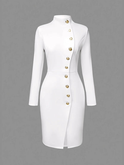 Long Sleeve Stand Collar Slim Fit Metal Single-breasted Buckle With Vents Midi Dresses