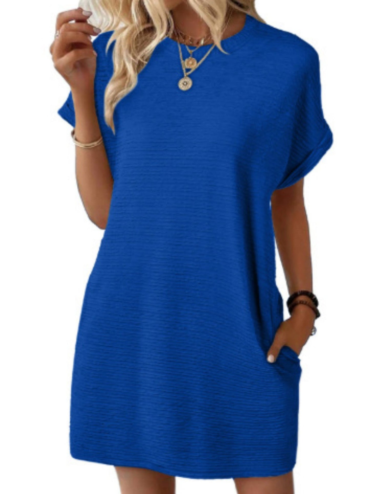 Pocket Crew Neck Short Sleeve Loose-fit Mini&Short Dresses