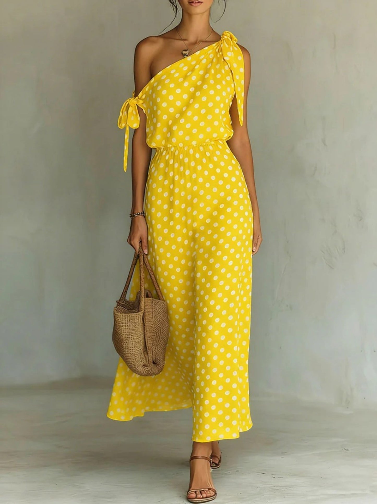 Polka Dots Sloping Shoulders Straps Maxi Dresses
