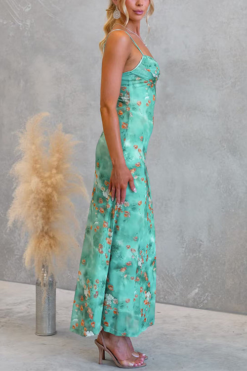 Adjustable Strap Floral Print Mesh Overlay Maxi Dress