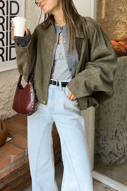 Margovil Lapel Zip Up Trendy Bomber Jacket