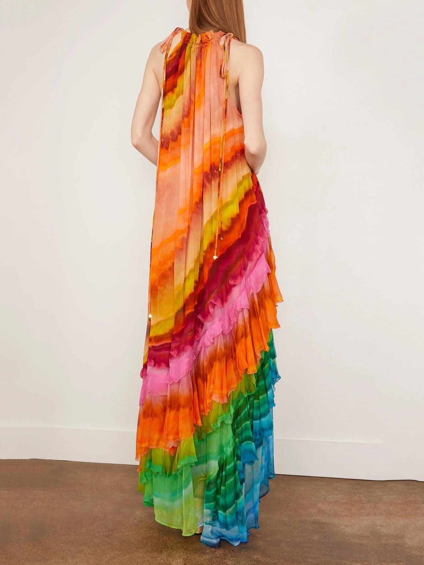 Halter Neck Cascading Tier Ruffle Ombré Print Floor Length Maxi Dress