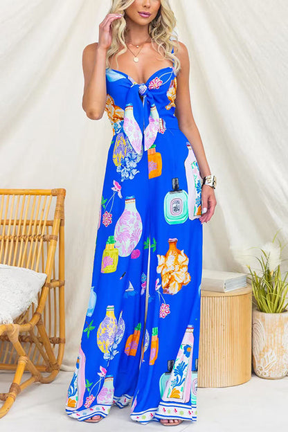 Spaghetti Strap Tie Knot Front Printed Wide Leg Jumpsuit