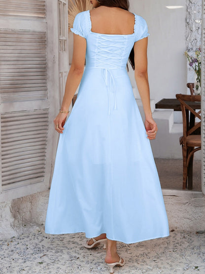 Tie-waist Ruched Puff Sleeve Long Dress