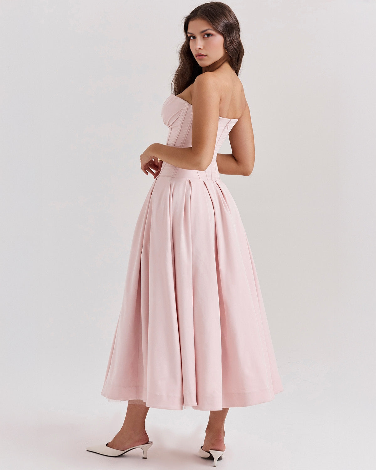Strapless Corset Plunging Sweetheart Neck Pleated Full Skirt Pocket Midi Dress