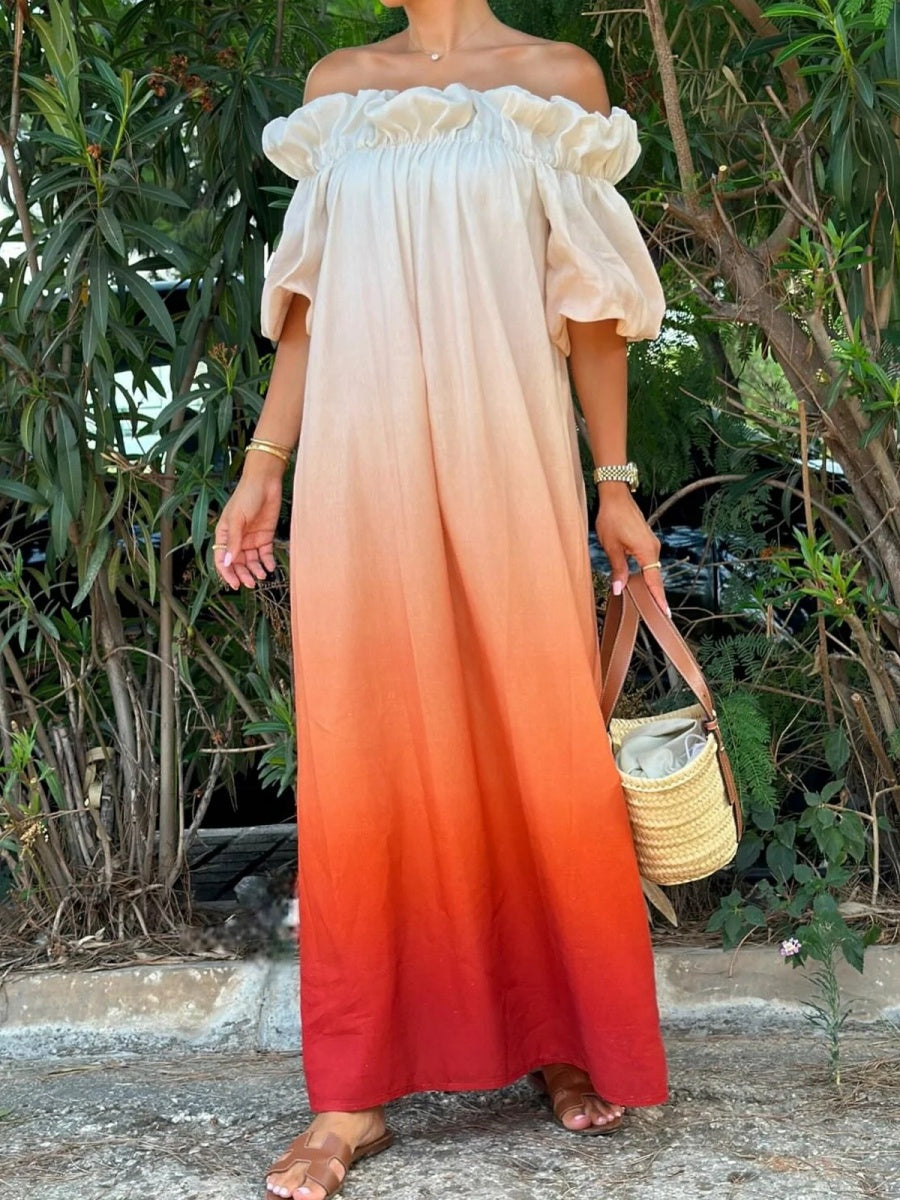 Off-the-shoulder Gradient Print Long Dress With Ruffled Trim