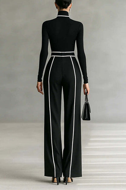 Margovil Color Block High Neck Long Sleeves Top High Rise Wide Leg Pants Set