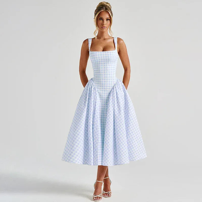 Gingham French Style Plaid Midi Princess Dress