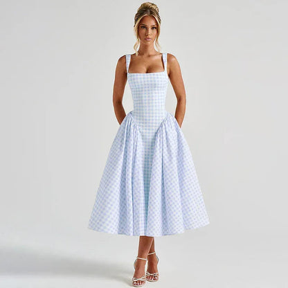 Gingham French Style Plaid Midi Princess Dress