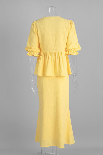Puff Sleeve Tie-up Ruffle Cotton Shirt Skirt Set